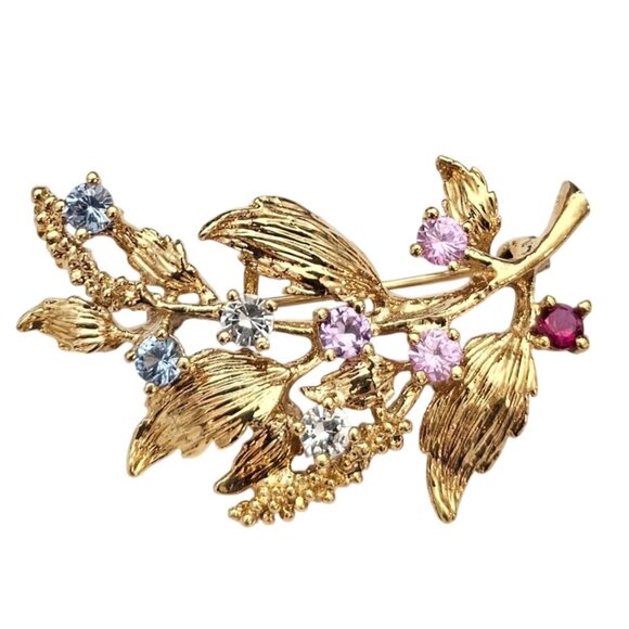 Vermeil Sterling Leaf Branch Brooch Multi Color Gem Lab Stone Pin C668 - Picture 9 of 9